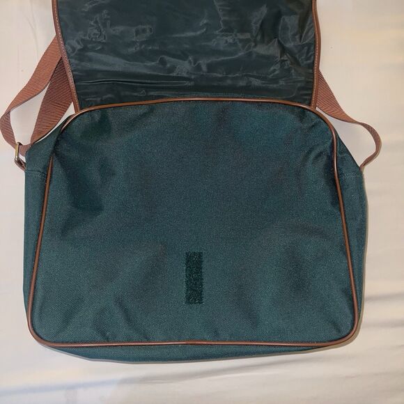 Polo Ralph Lauren Canvas Messenger Crossbody Bag Tote Green Brown Trim 15” Wide - Picture 5 of 14